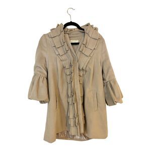 A'reve Beige Tan Ruffle Front Puff Sleeve Swing Coat Size Small Super Soft!